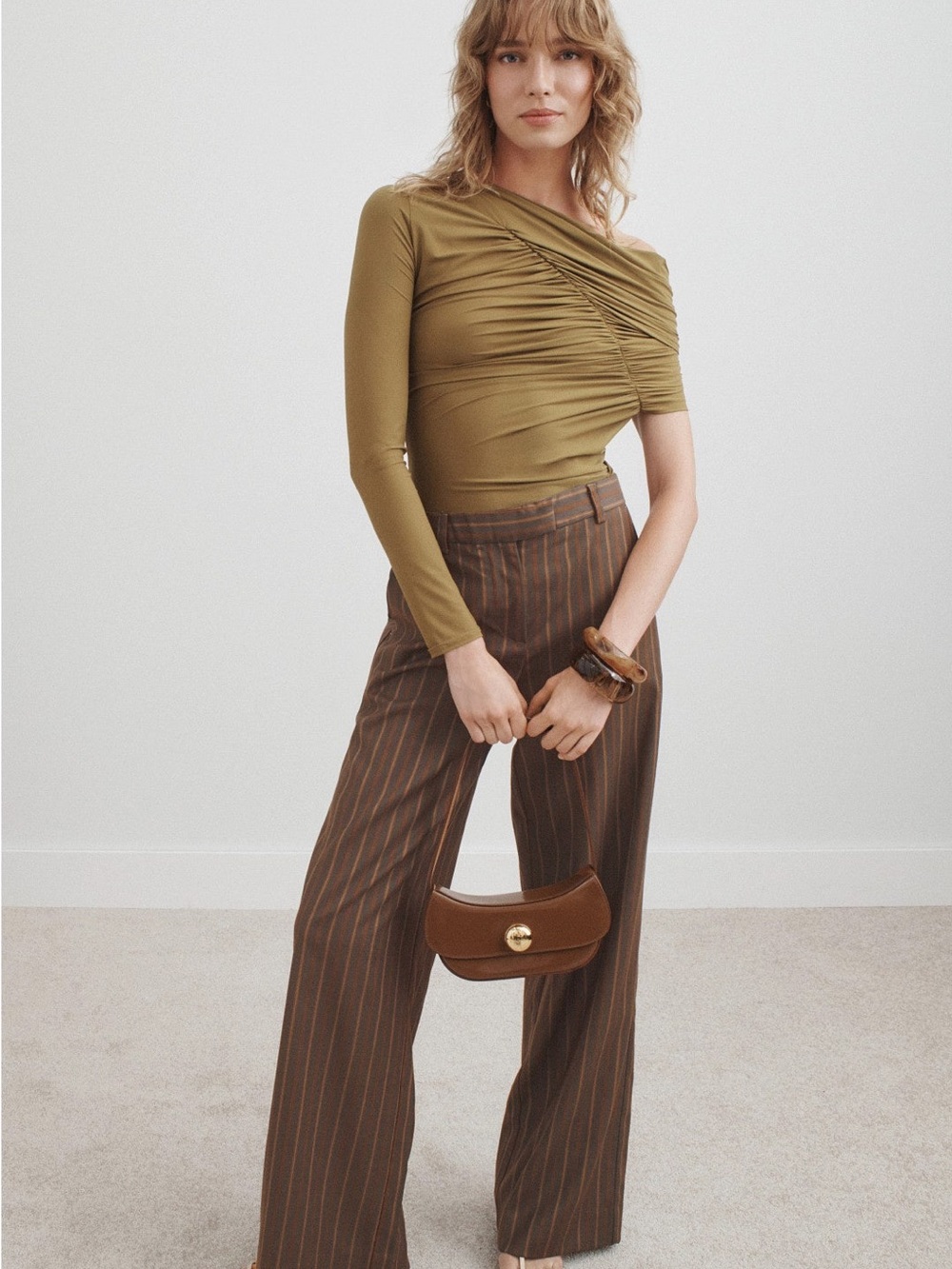 Reformation Carter Brown Pinstripe Wide Leg Pants - Picture 2 of 8